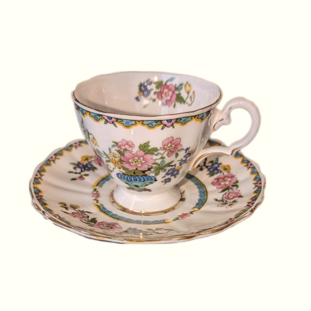 Copeland's Grosvenor China Tea Cup - White, Blue, Pink, Green and Gold